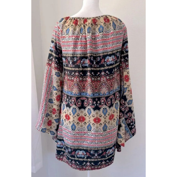 Y2K Boho Dress Colorful Paisley Mini Bell sleeves sz S USA Gypsy Shift - Picture 4 of 6